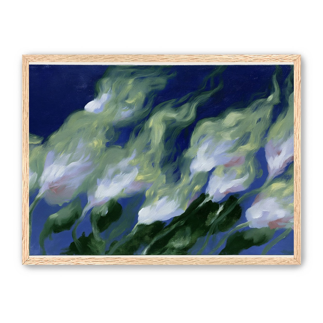 Pale flowers across blue field