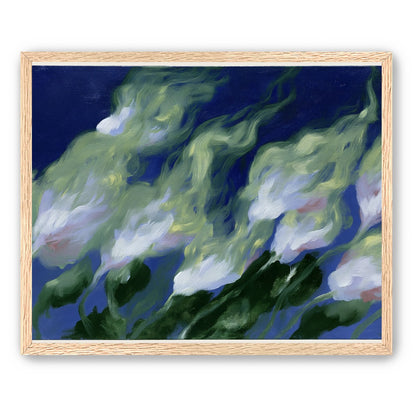 Pale flowers across blue field
