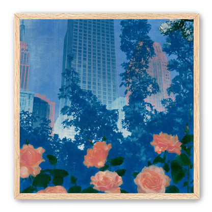 Pink roses below skyscrapers