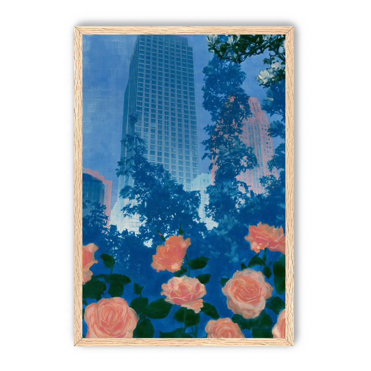 Pink roses below skyscrapers