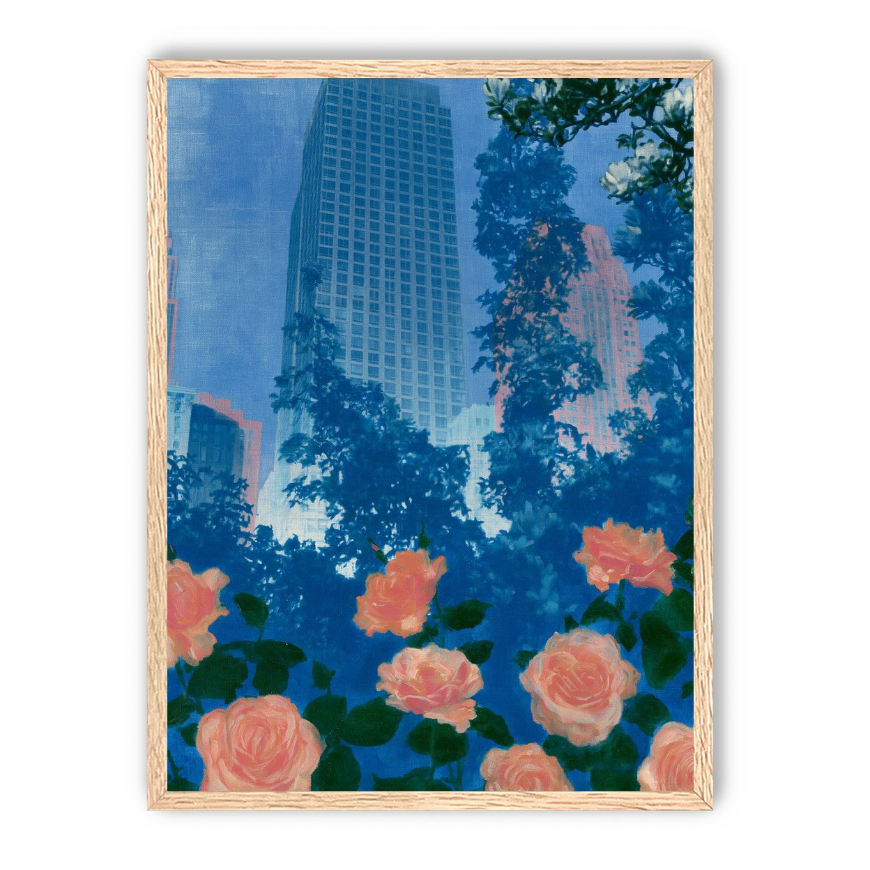 Pink roses below skyscrapers