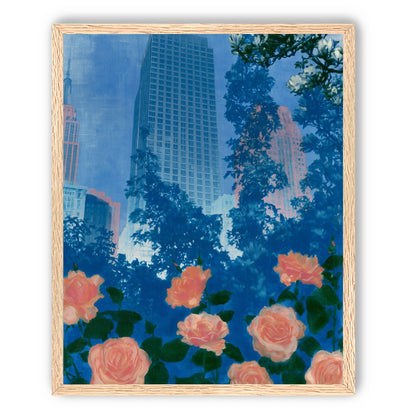 Pink roses below skyscrapers