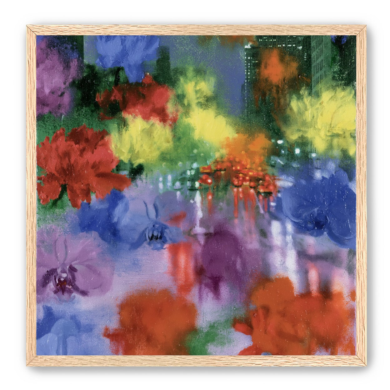 Neon traffic under painted blooms