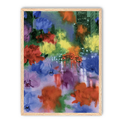 Neon traffic under painted blooms