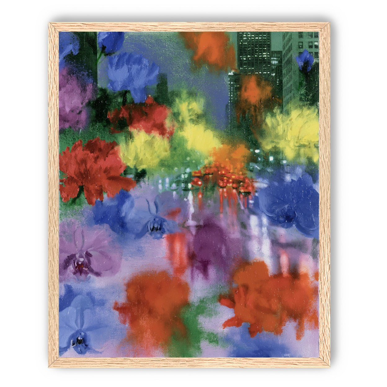 Neon traffic under painted blooms