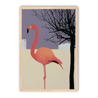 A flamingo beside the bare tree