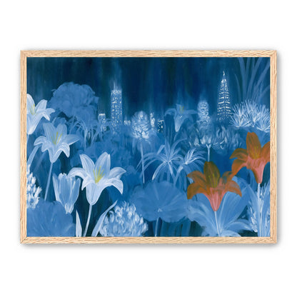 City lights behind lilies