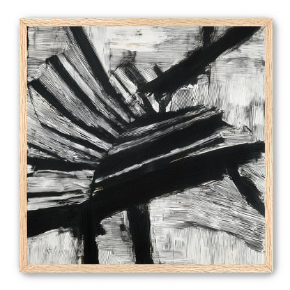 Non-Representational: Thick black brushstrokes cross and stack over a white surface filled with fine scratched lines.