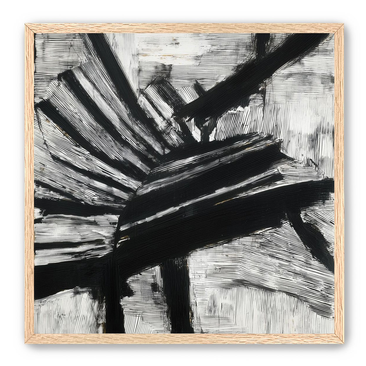 Non-Representational: Thick black brushstrokes cross and stack over a white surface filled with fine scratched lines.