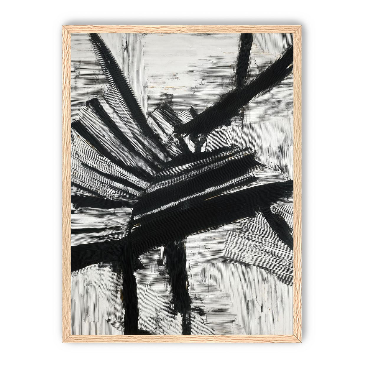 Non-Representational: Thick black brushstrokes cross and stack over a white surface filled with fine scratched lines.