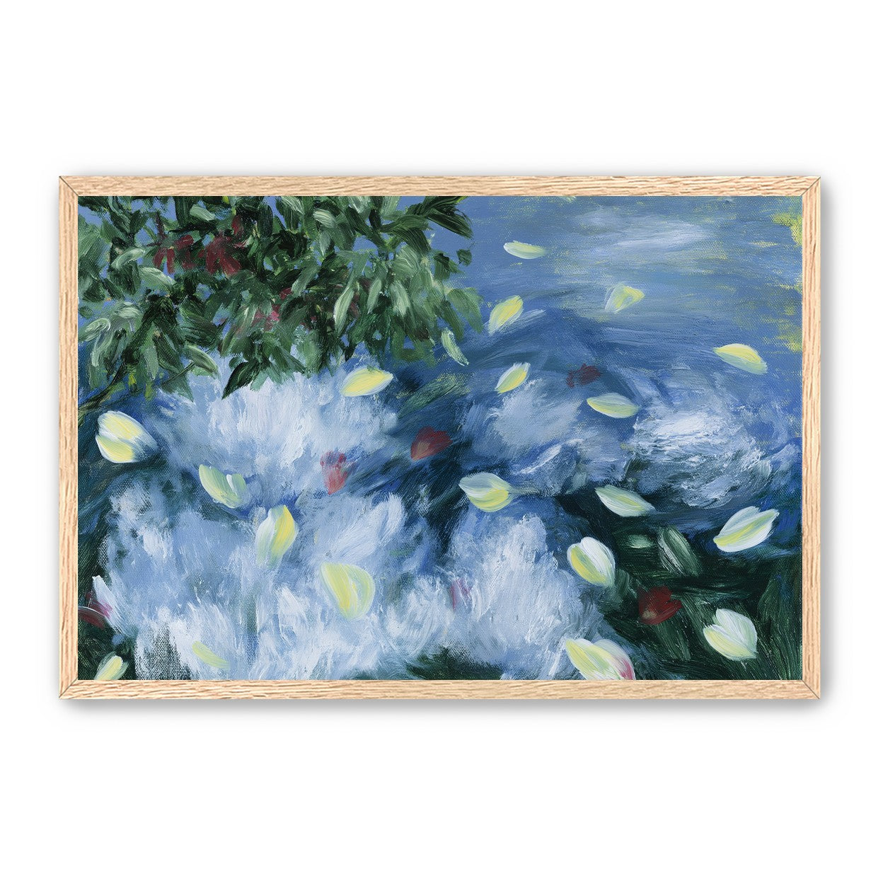 Petals across the blue water