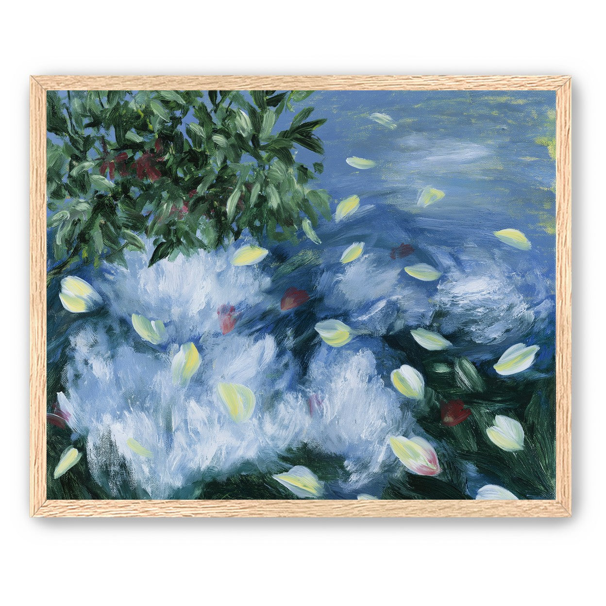 Petals across the blue water