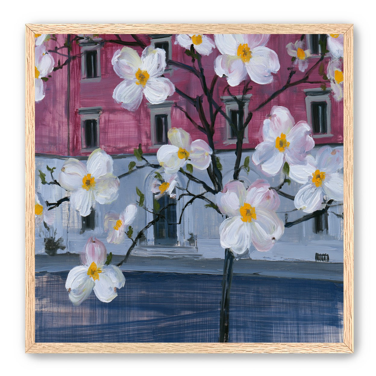 White blossoms over the pink house