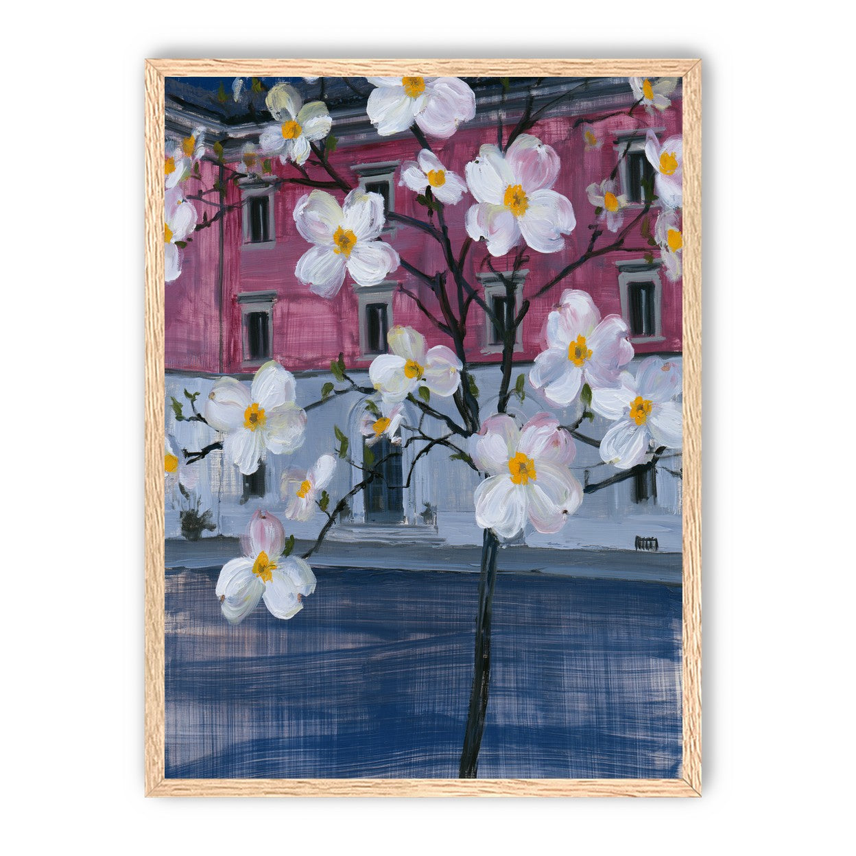 White blossoms over the pink house