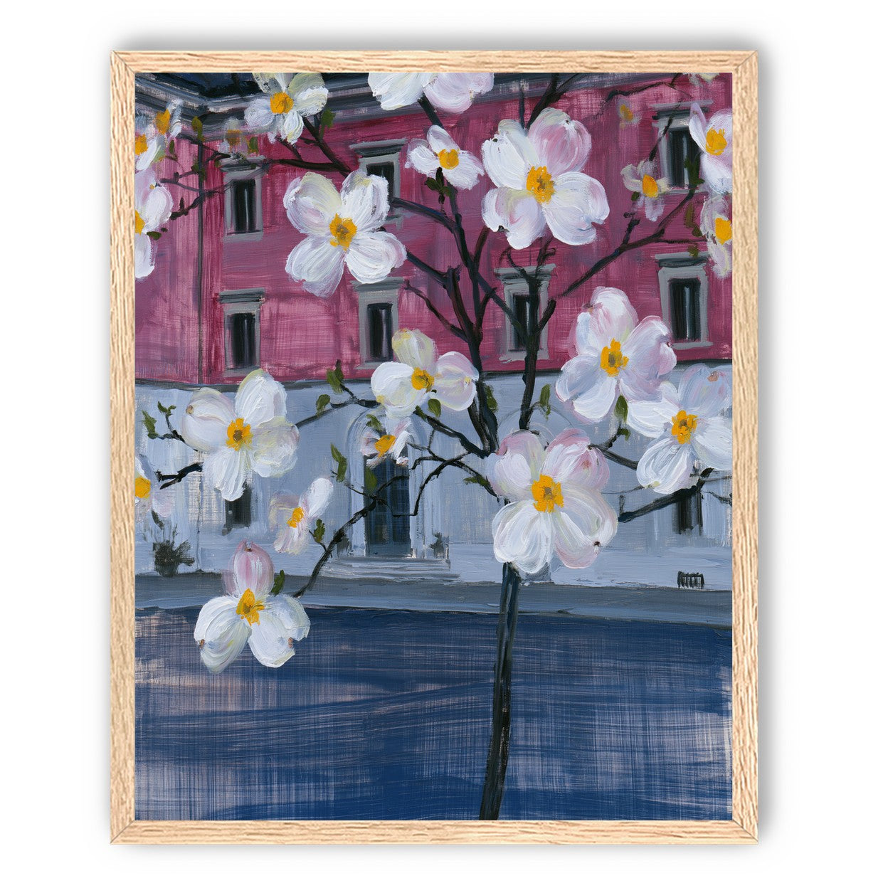 White blossoms over the pink house