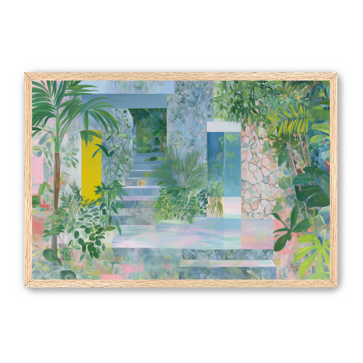 Pastel stairs between yellow and blue doors