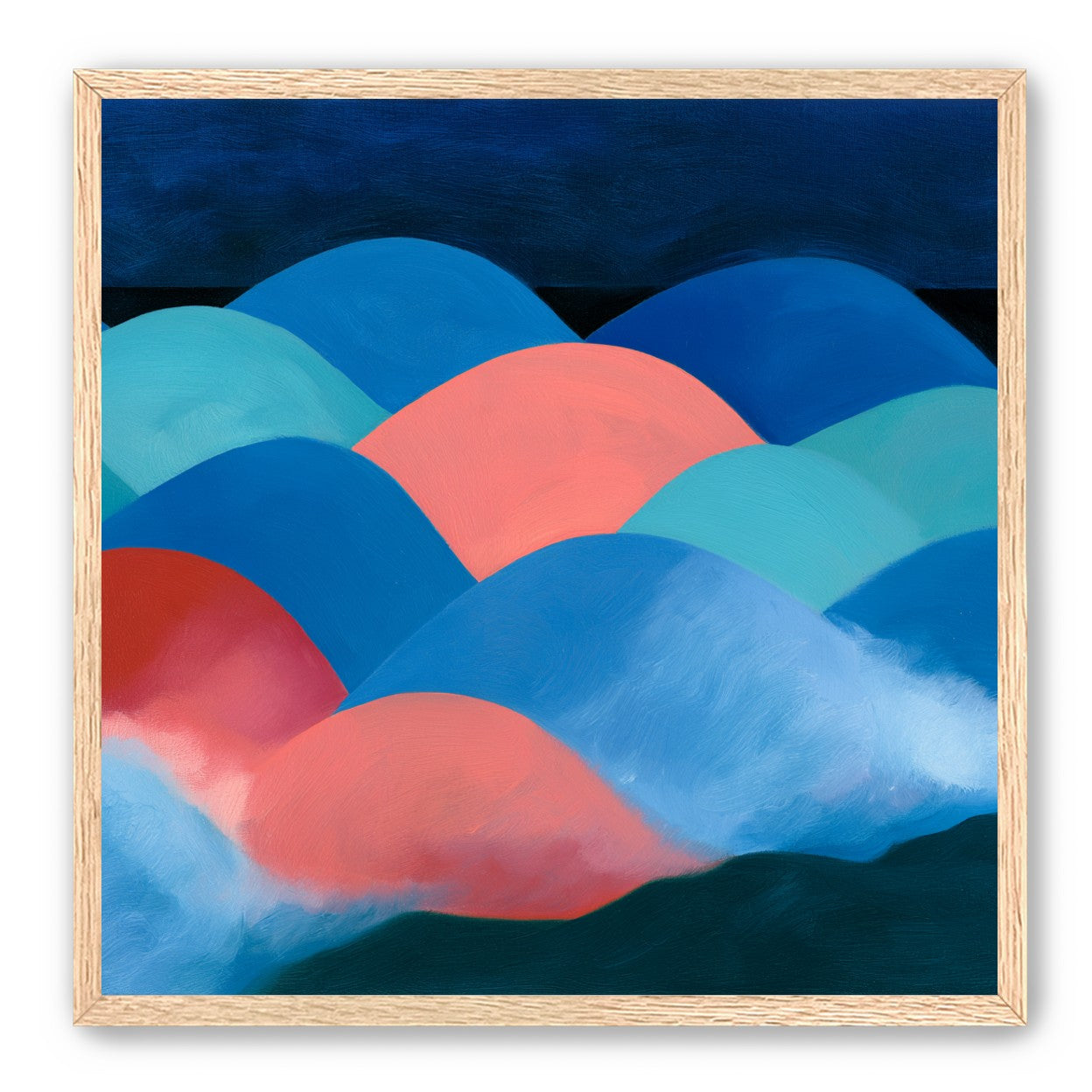 Pink moon among blue hills