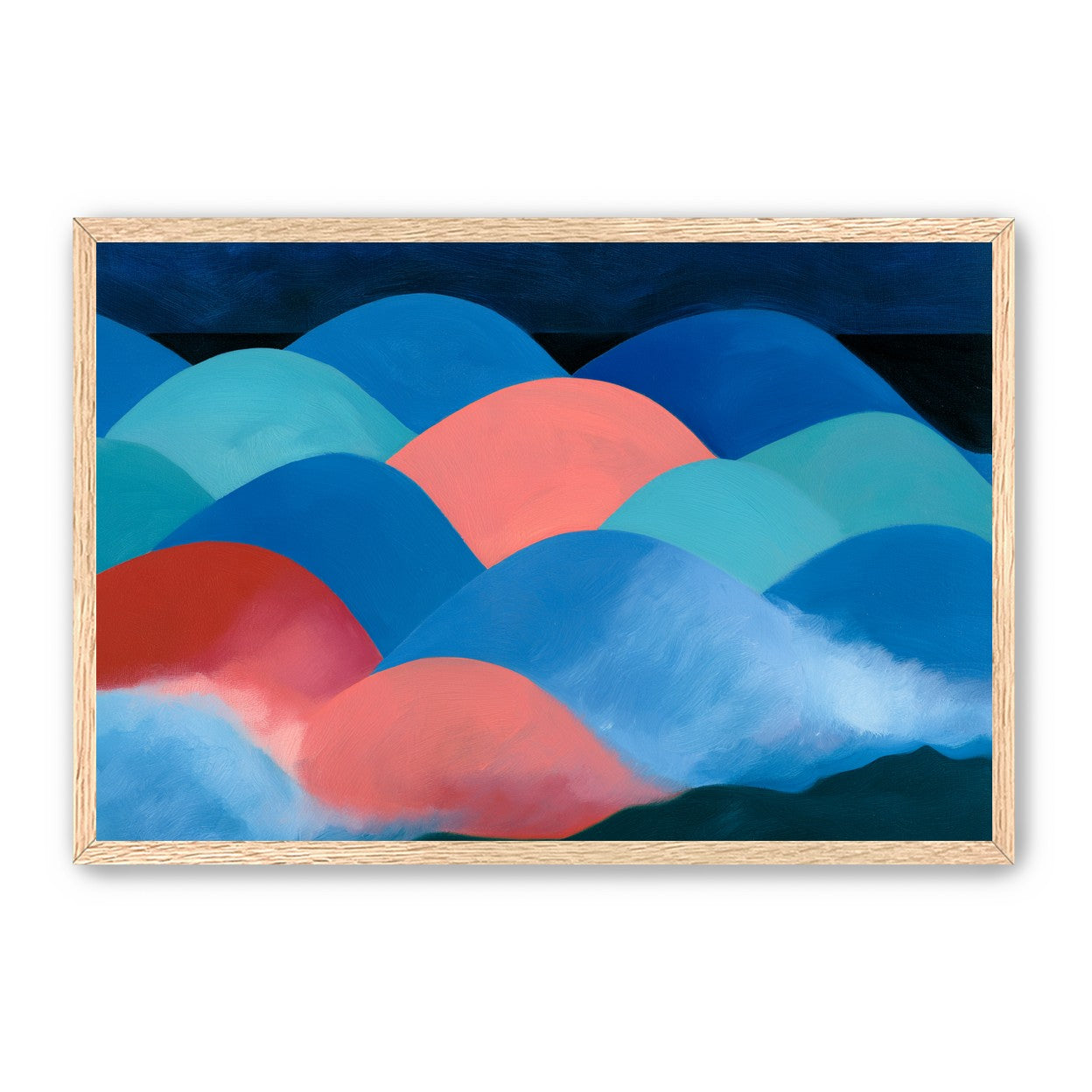 Pink moon among blue hills
