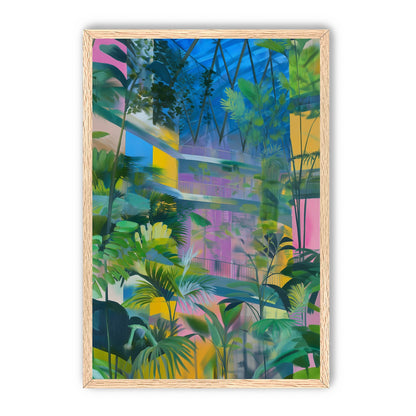 Blue roof over pink atrium