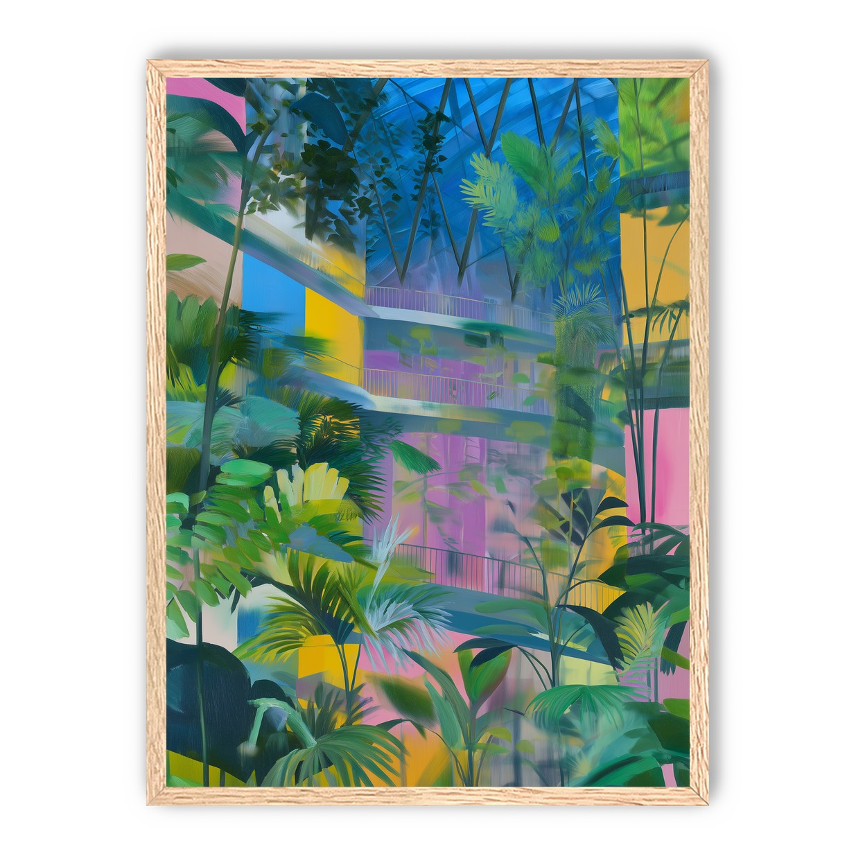 Blue roof over pink atrium