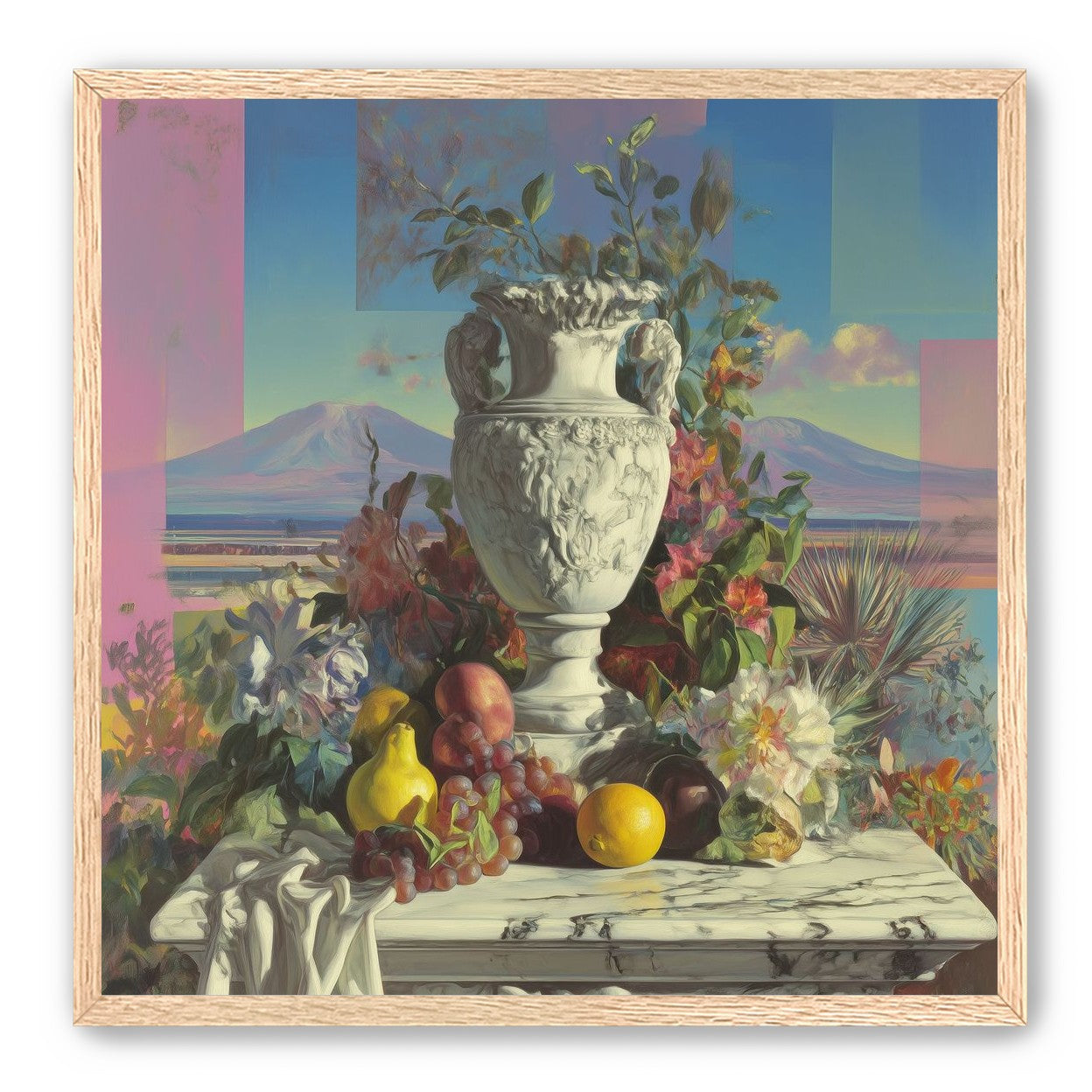 Urn and fruit before mountains