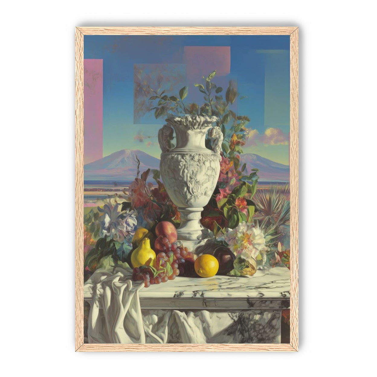 Urn and fruit before mountains