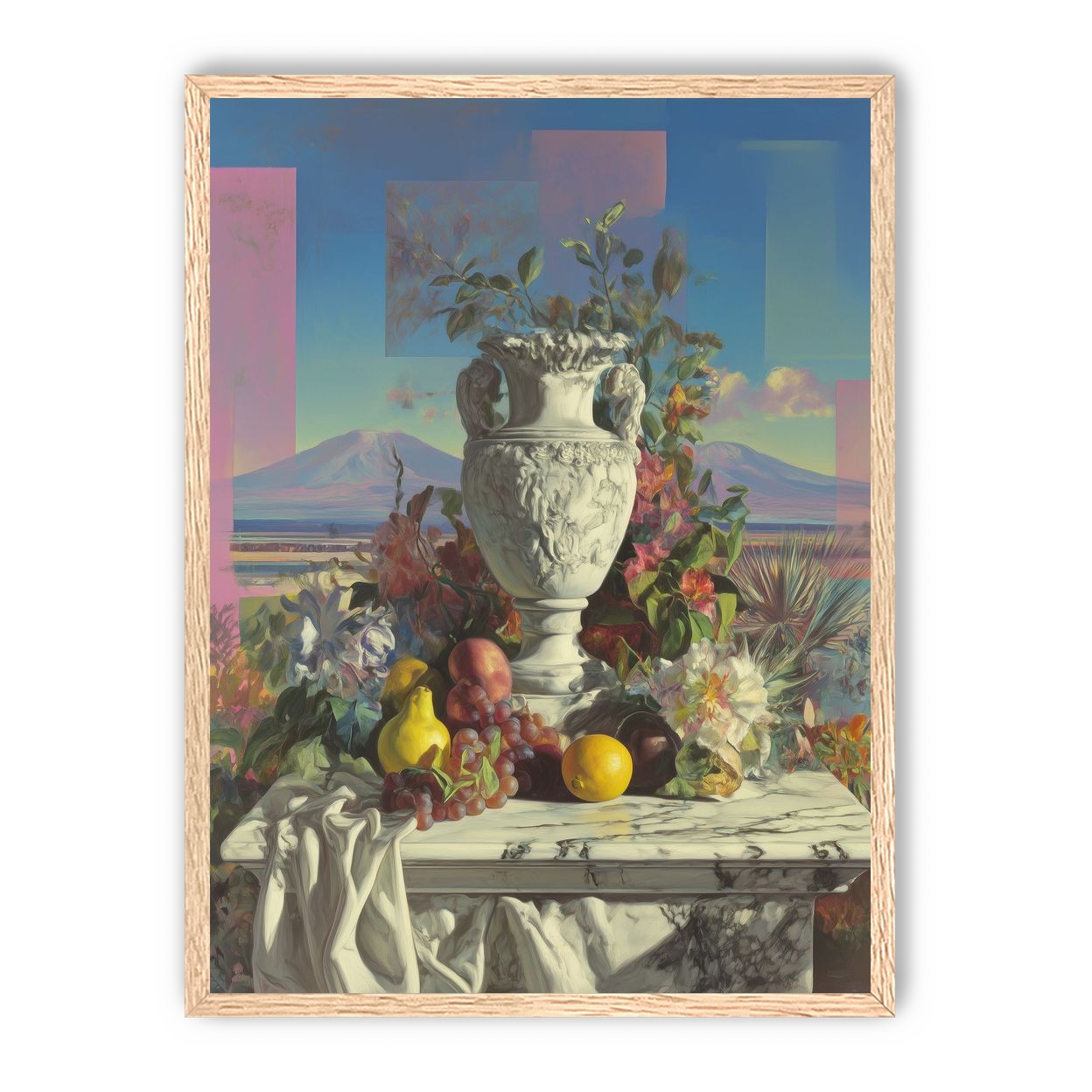 Urn and fruit before mountains