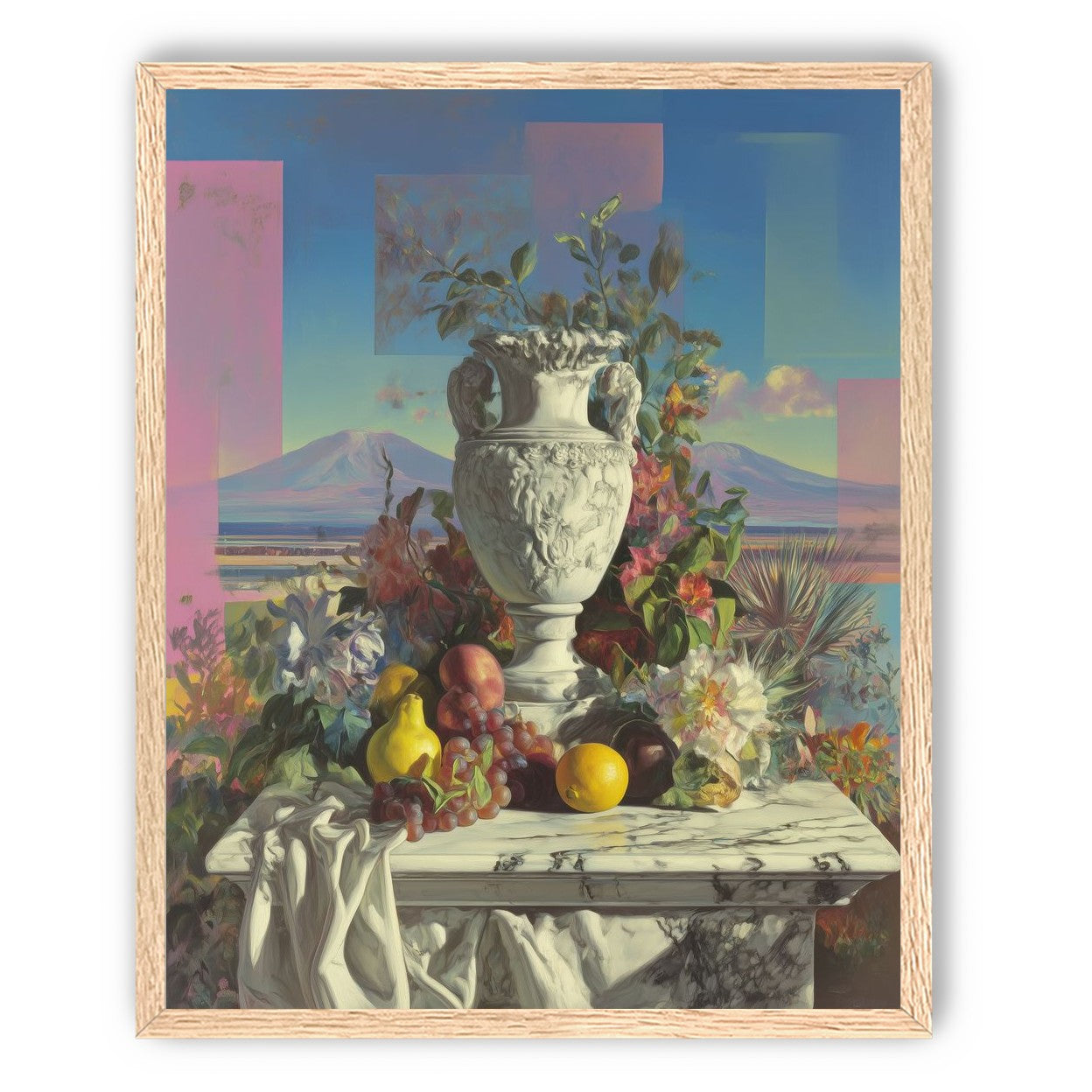 Urn and fruit before mountains