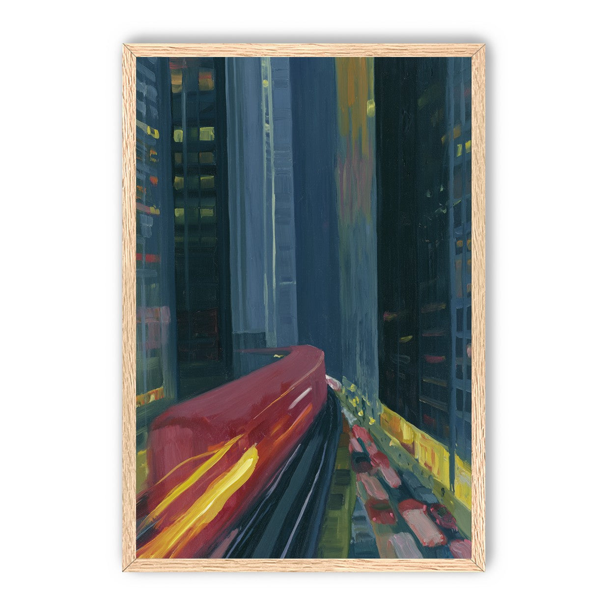 Red train in blue towers