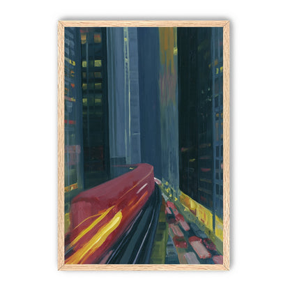 Red train in blue towers