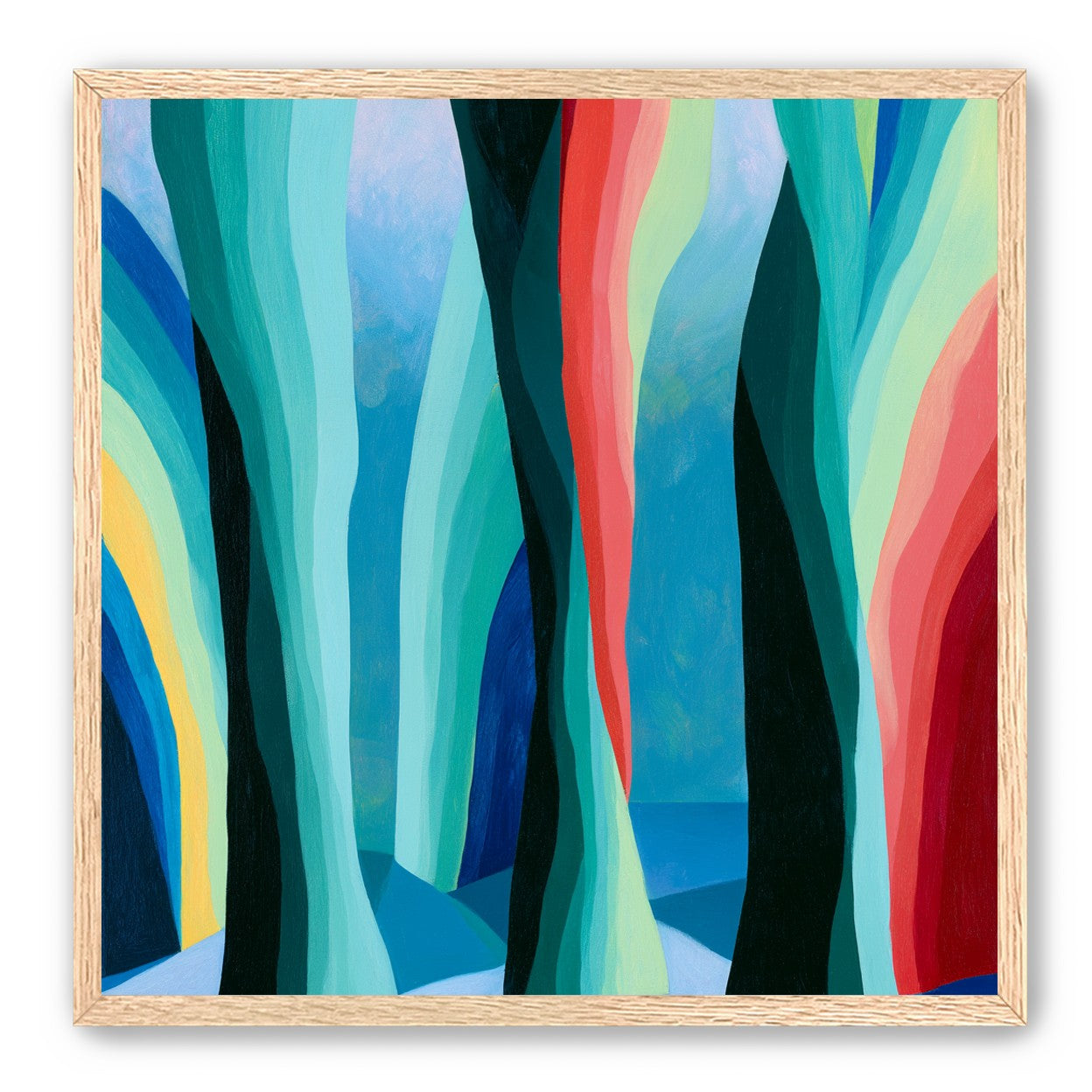 Between red trunks and blue shadows