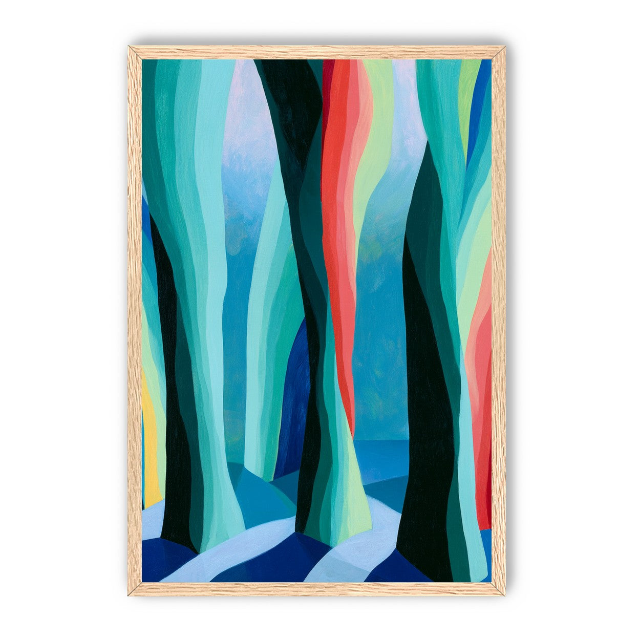 Between red trunks and blue shadows