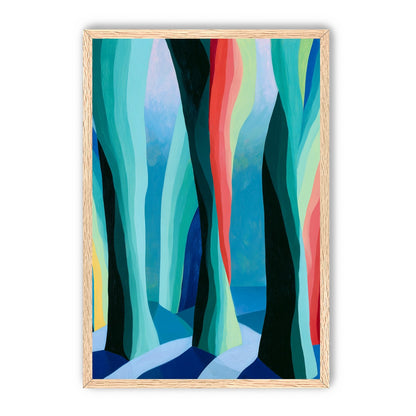 Between red trunks and blue shadows