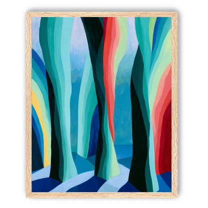 Between red trunks and blue shadows