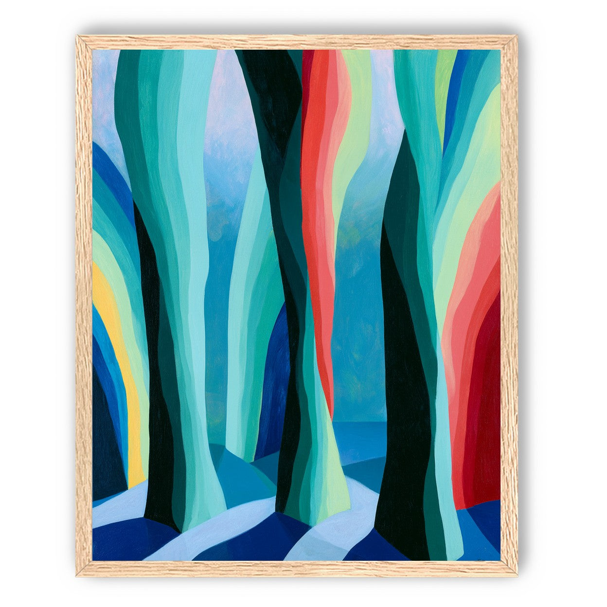 Between red trunks and blue shadows