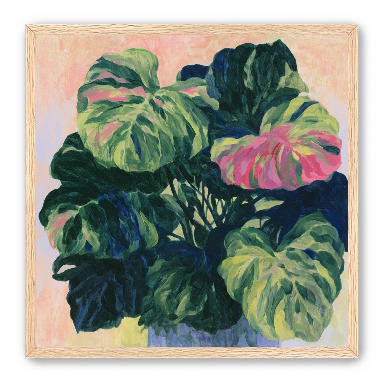 Pink light on green leaves