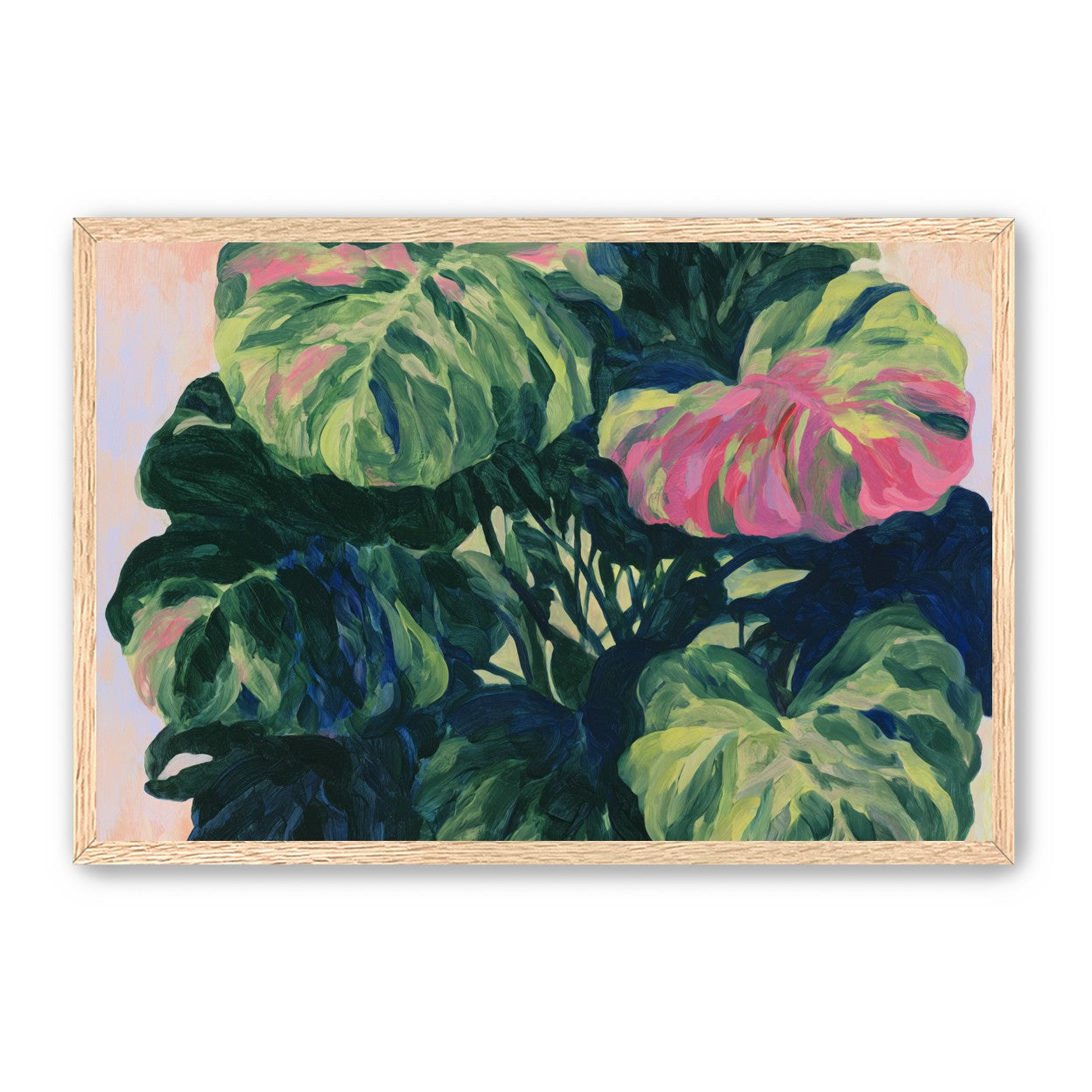 Pink light on green leaves