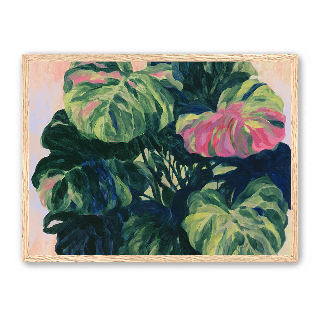 Pink light on green leaves