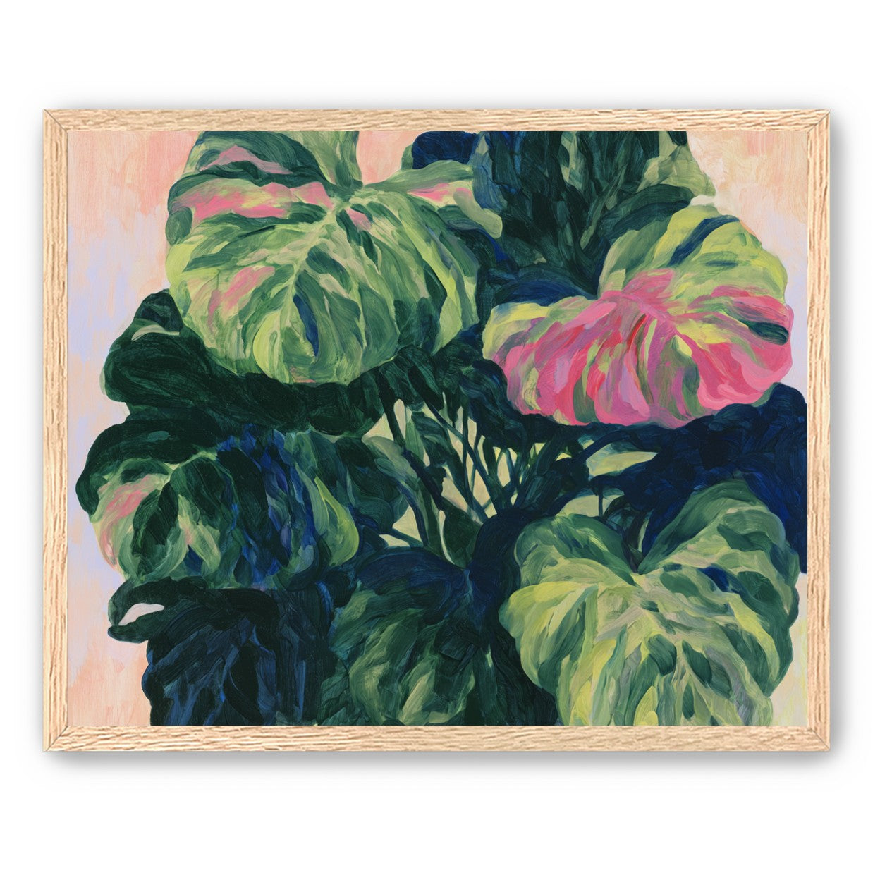 Pink light on green leaves