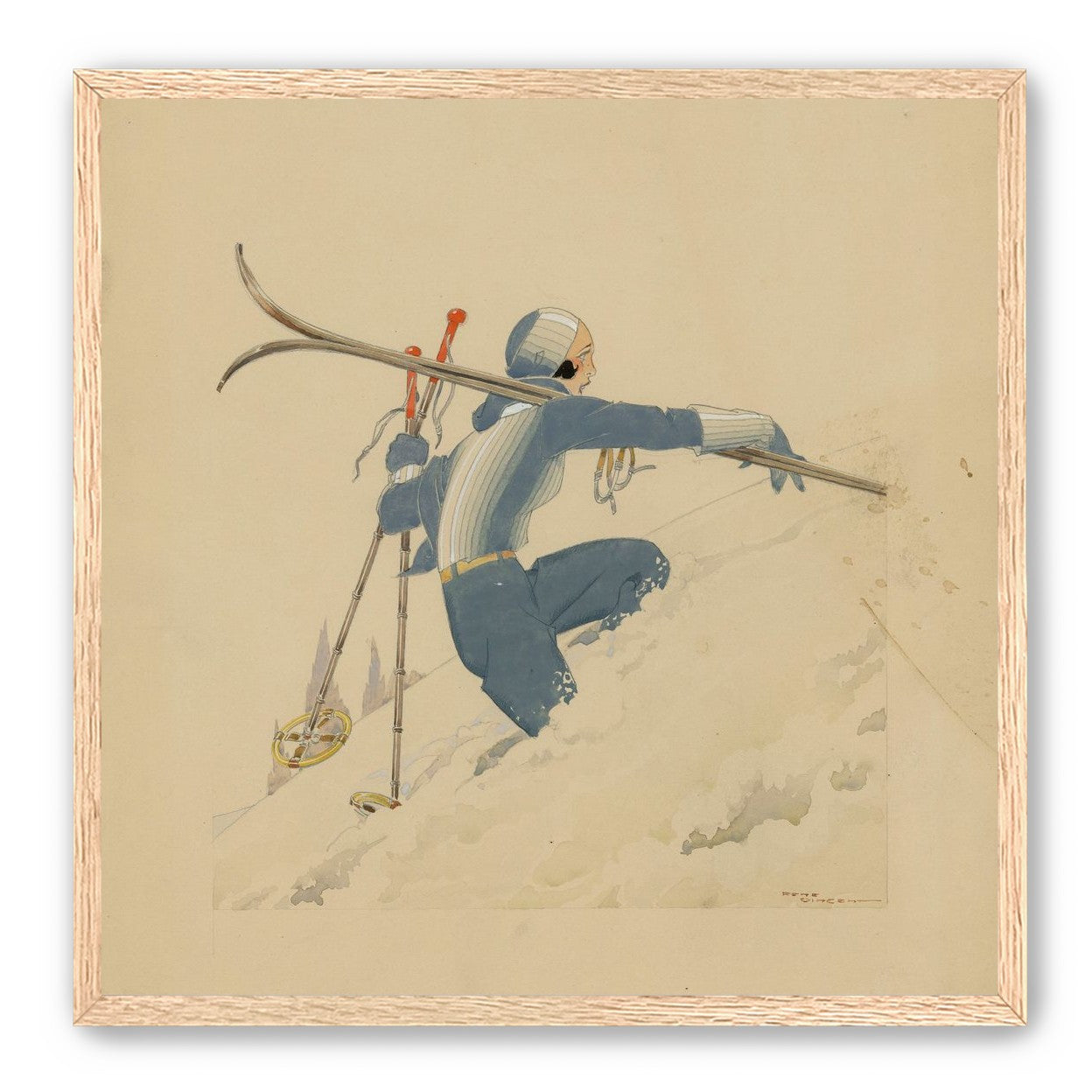 Blue skier in pale snow