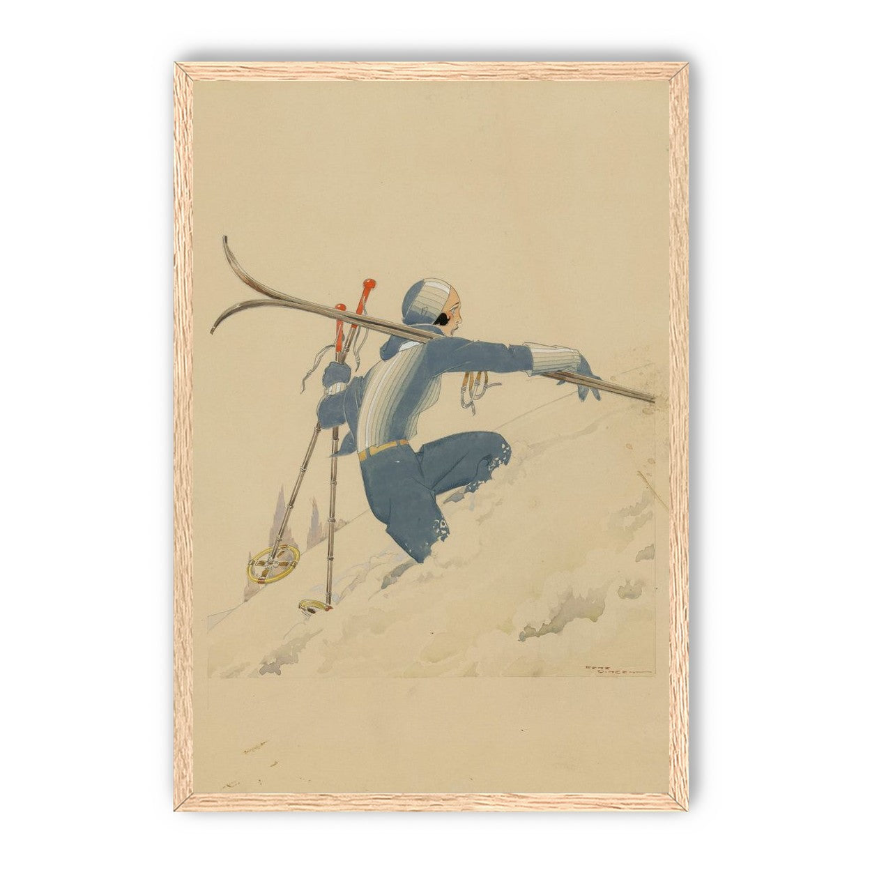 Blue skier in pale snow