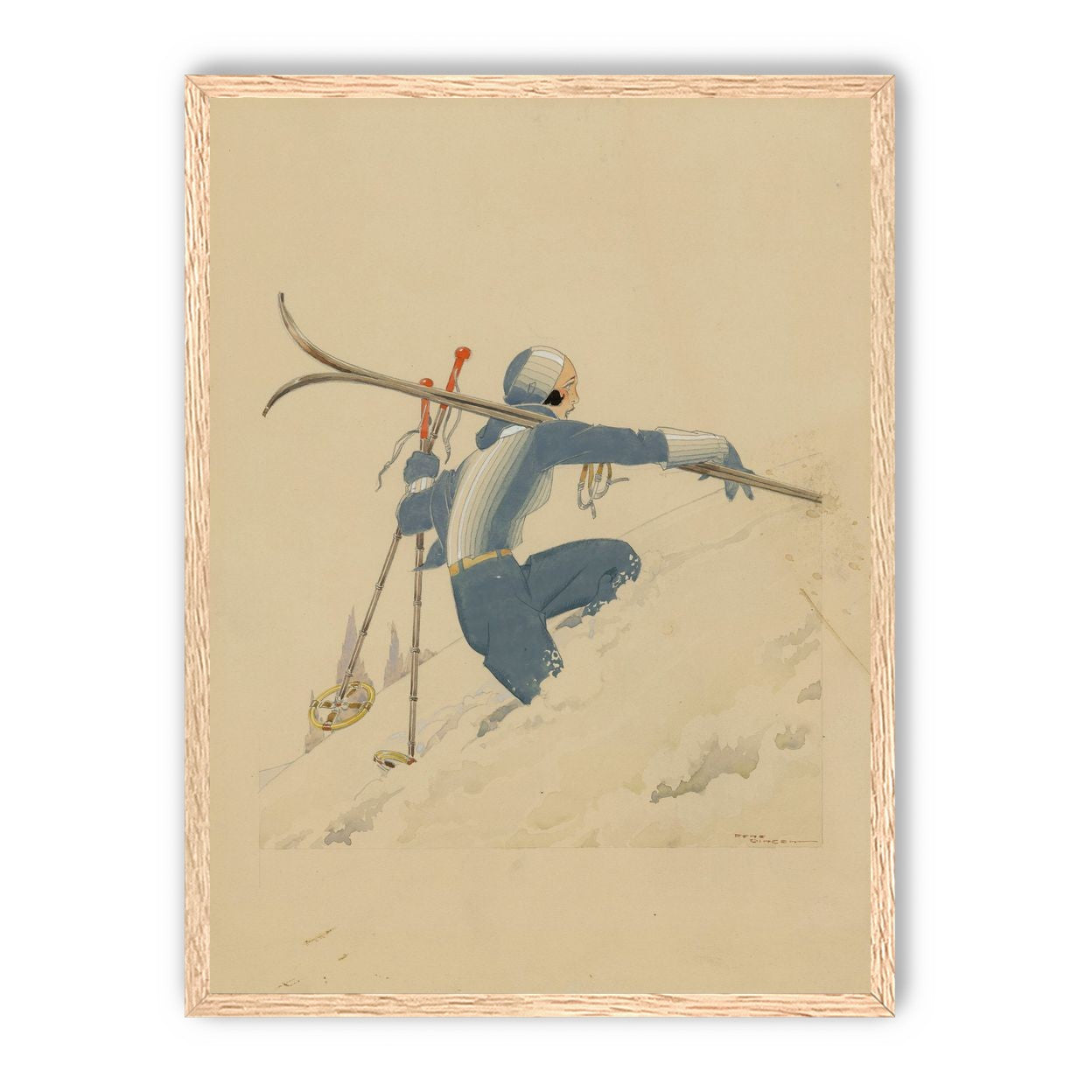 Blue skier in pale snow