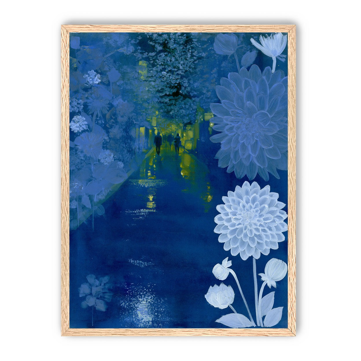 Two walkers under giant flowers