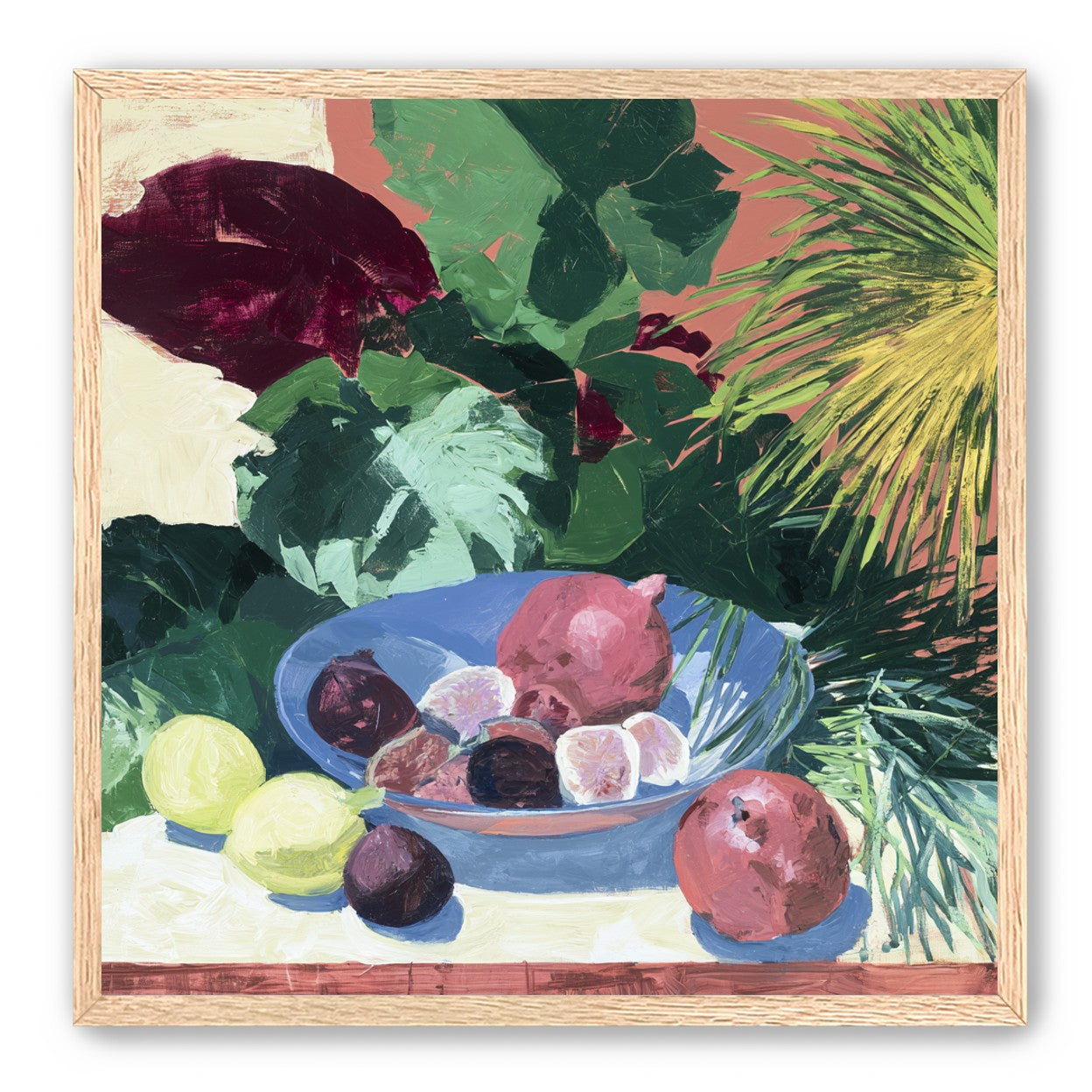 Blue bowl under palm frond