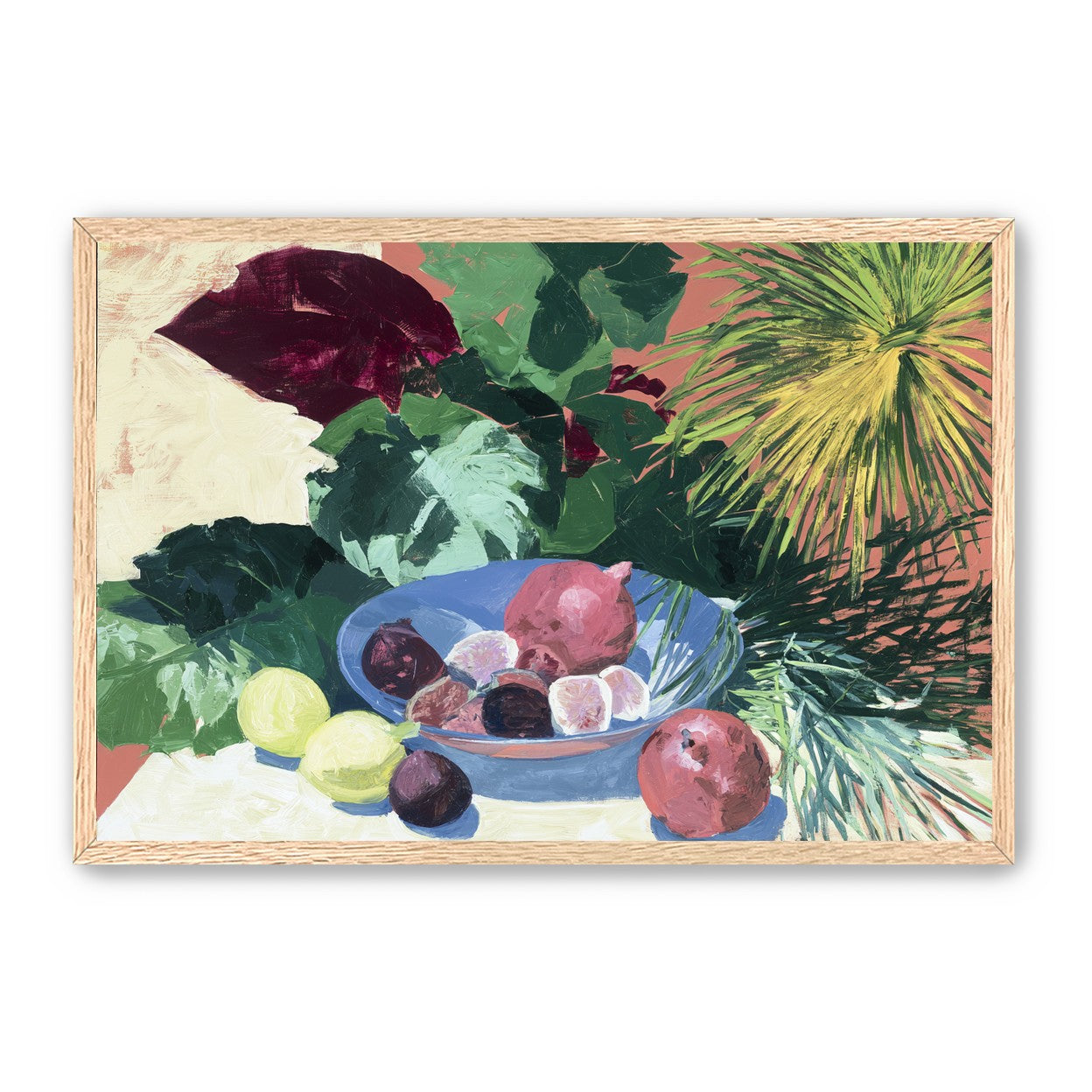 Blue bowl under palm frond