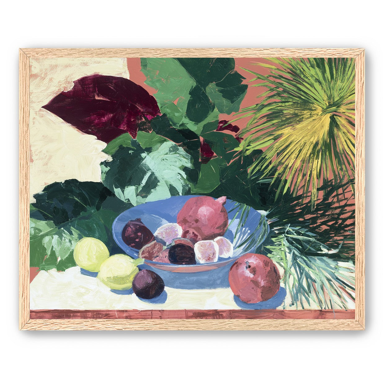 Blue bowl under palm frond