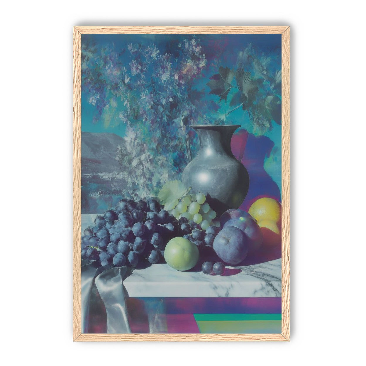 Vase and fruit in blue haze