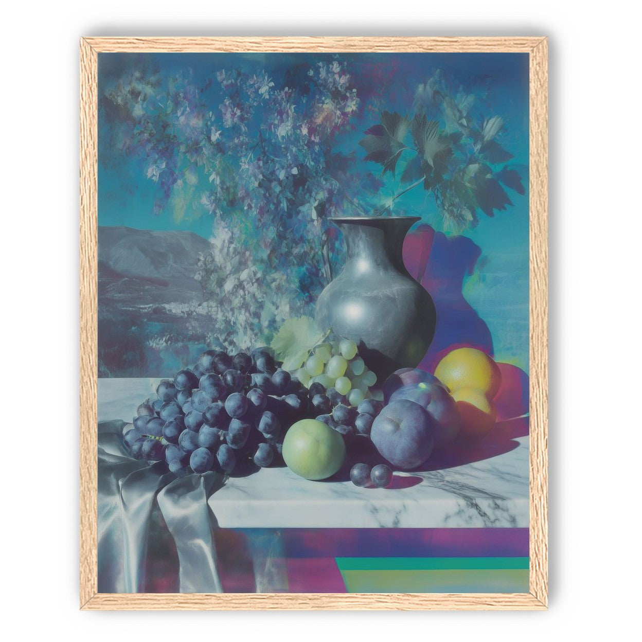Vase and fruit in blue haze