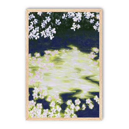 Petals crossing the bright water