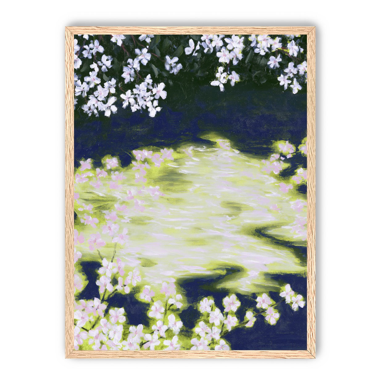 Petals crossing the bright water